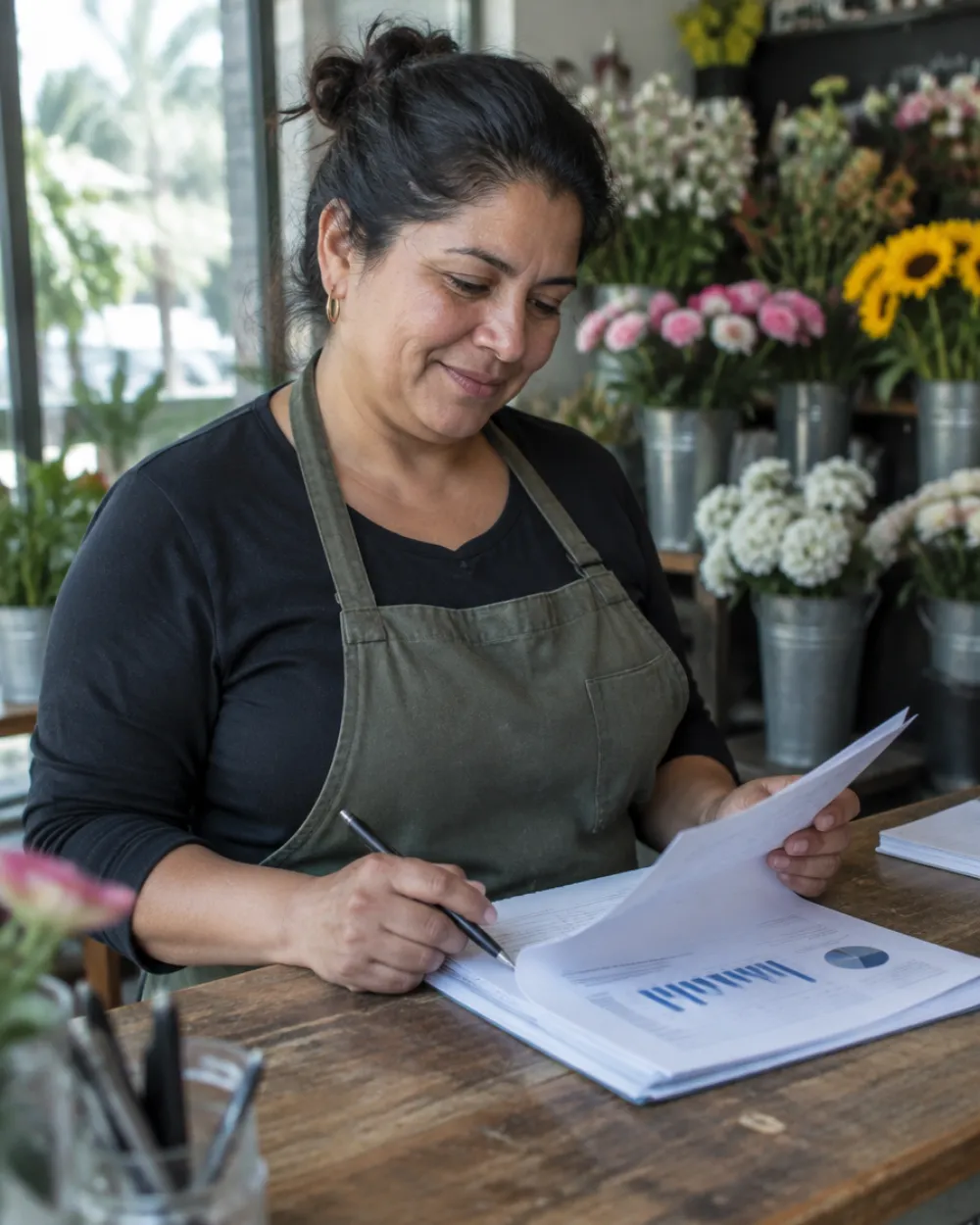 Dueña de una floristería leyendo un informe impreso con un bolígrafo en la mano