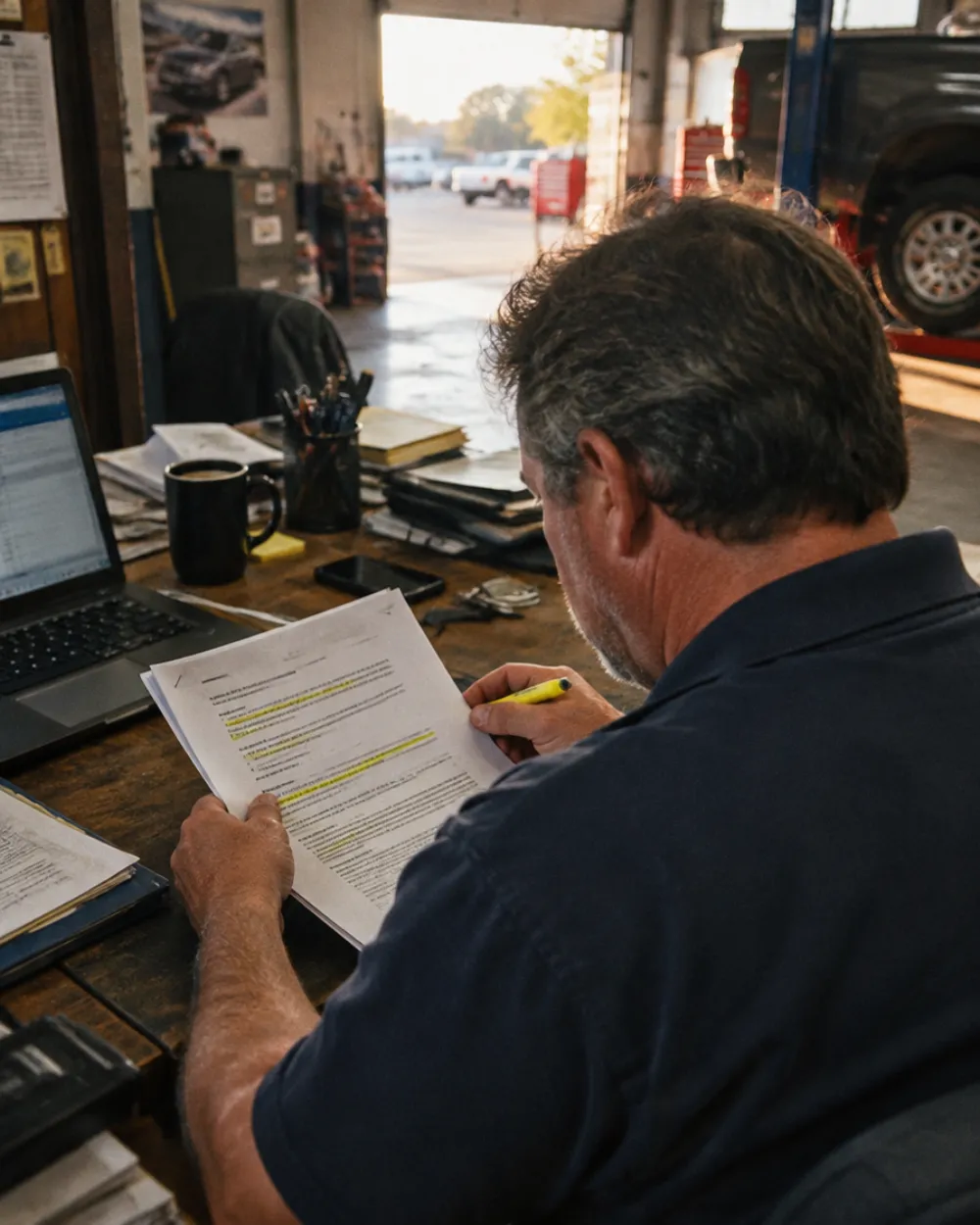 Dueño de un taller mecánico revisando un informe subrayado en su escritorio