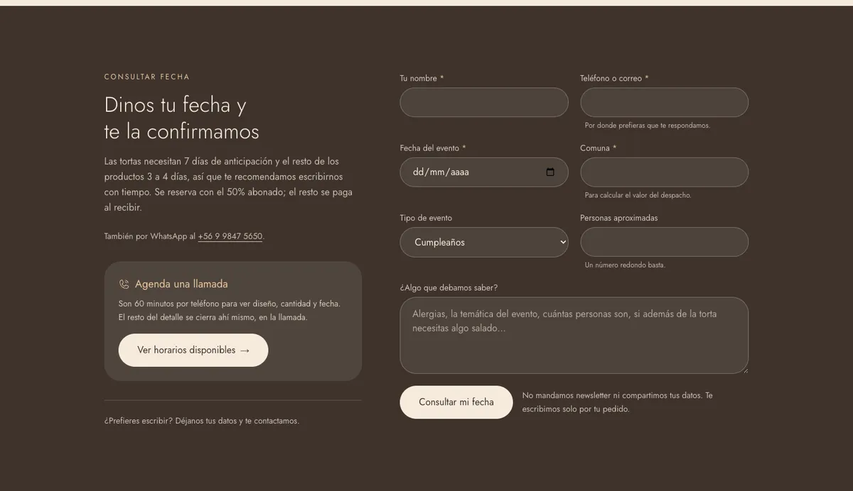 Order form on the Dulcemania M&M site asking for event date, district, type of event, headcount and allergies