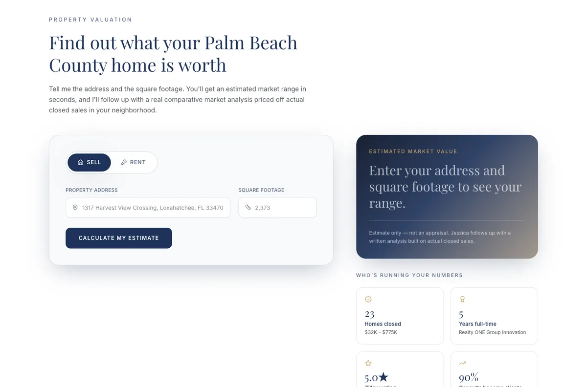 Home valuation tool on the Jessica Ferran website: address, square footage and an instant estimated range
