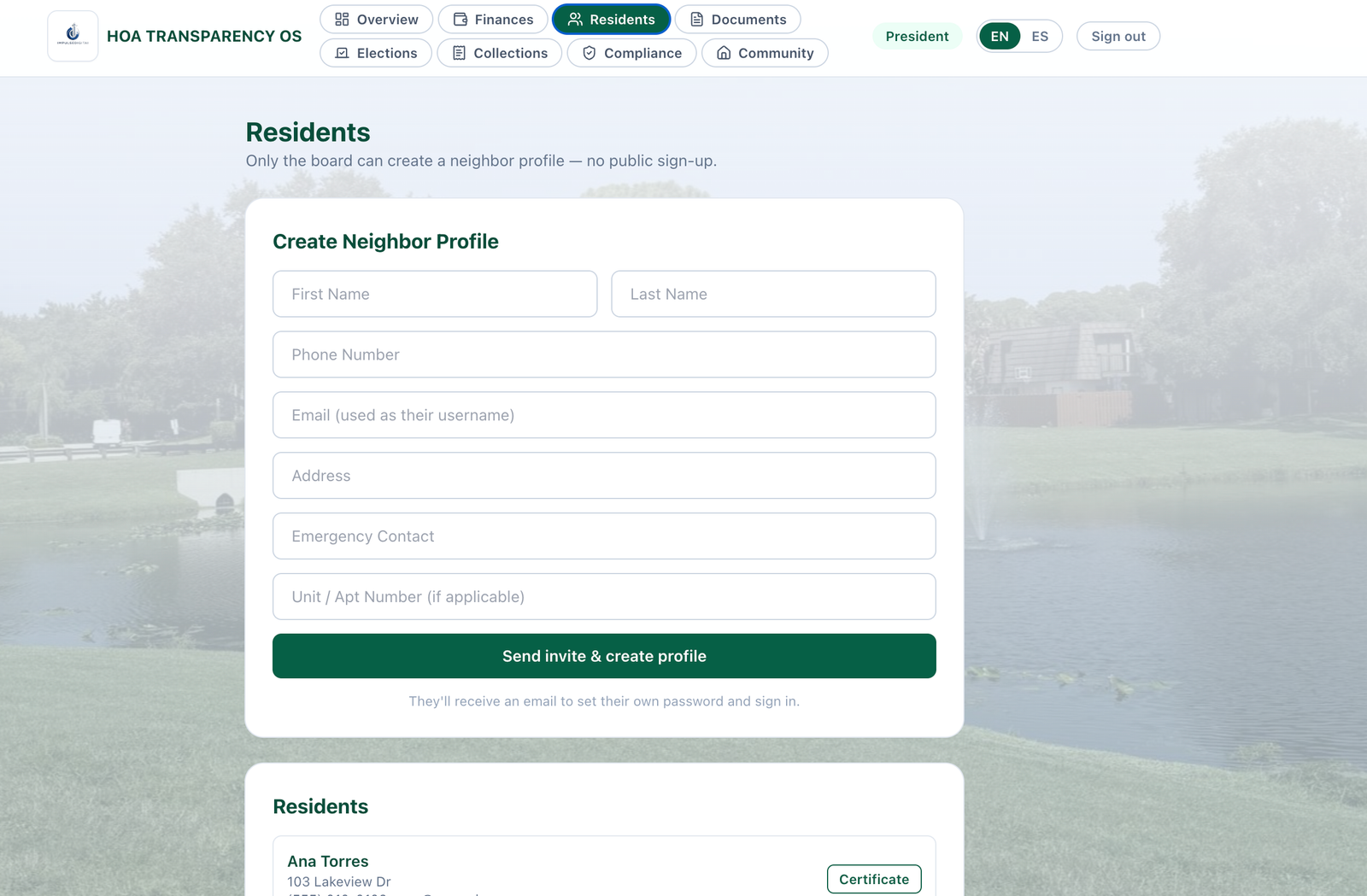 HOA Transparency OS — residents and neighbor profiles
