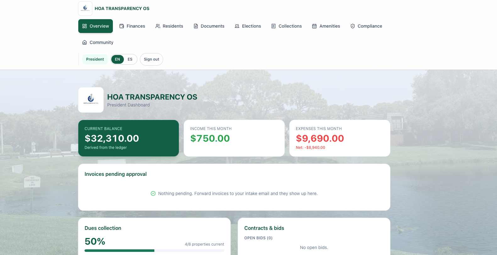 HOA Transparency OS &mdash; President dashboard: balance, income, expenses and dues collection