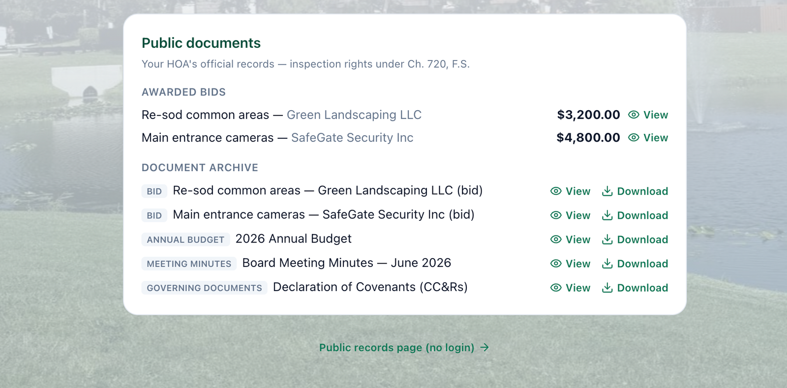 HOA Transparency OS — public document archive with awarded bids, budget and meeting minutes